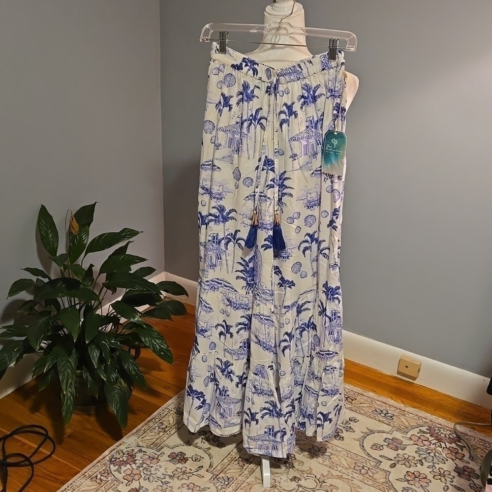 True Destinations Blue White Elastic Waist Toile Flare Wide Leg Resort Pant Sz M